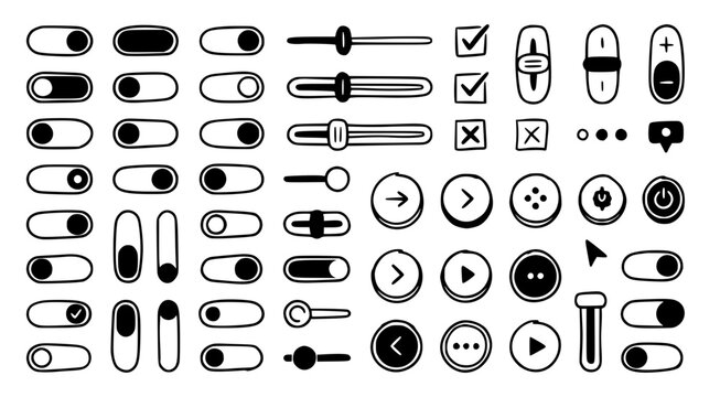 Hand drawn user interface toggle switches and buttons isolated on transparent background for mobile app development