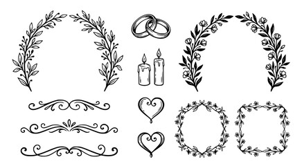 Fototapeta premium Wedding wreath and floral frame vector set with candles and rings for elegant invitation design isolated on white background