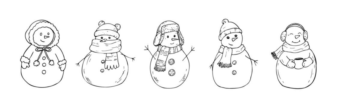 Vector cute snowman set with 5 hand drawn Christmas characters. Minimalist graphic line art collection for winter holidays isolated on white. Doodles in scarfs, hats and earmuffs with coffee cup for N