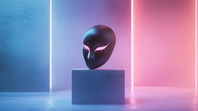 発光するピンクの目を持つ黒い仮面。青と赤のネオンが交差するミニマルな空間。サイバーパンクな未来像
