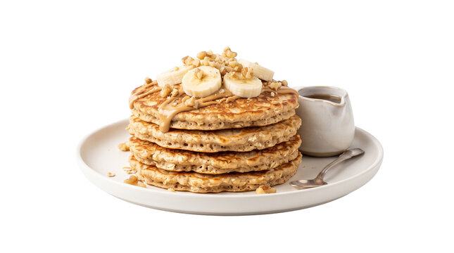 Fluffy banana pancakes with walnuts and maple syrup, healthy oat pancake stack for breakfast, gourmet brunch food with fruit toppings isolated PNG with Transparent Background