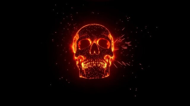 Glowing skull with fiery sparks emanating from the sides, creating a dramatic visual effect against a dark background in a continuous action sequence