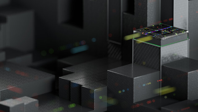 Abstract futuristic macro technology background, 3d render of black server blocks with glowing green led circuits and copy space. 3d rendering illustration not AI