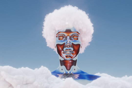 Surreal 3D render of a chrome female figure with cloud hair in a pastel retro-futuristic sky. 3d rendering illustration not AI