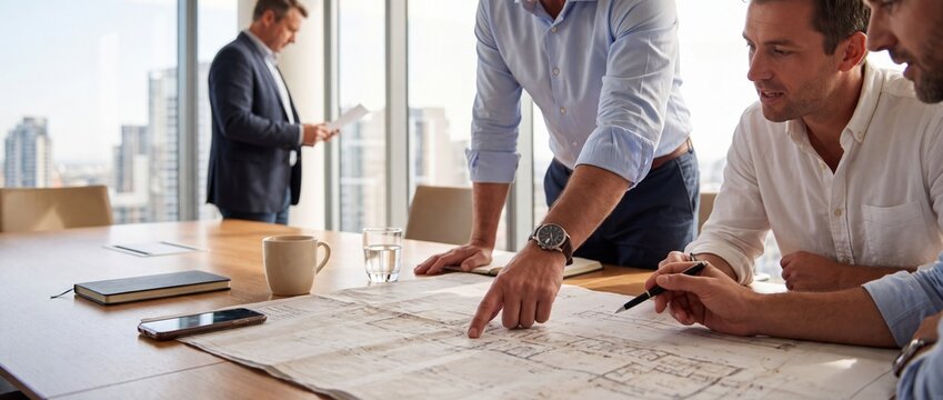 Businessmen reviewing architectural blueprints on a wooden conference table in a modern office building boardroom with during collaborative meeting professional men examine