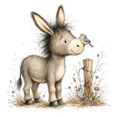 Fototapeta premium Scruffy Storybook Donkey Nuzzling a Small Bird on Its Nose