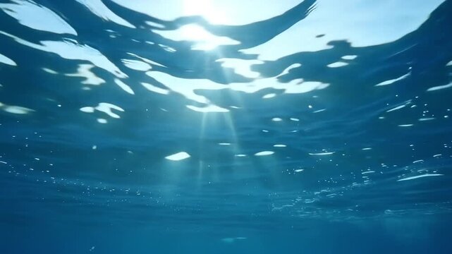 Underwater view of clear blue ocean water with sun rays penetrating the surface, creating a serene and tranquil aquatic scene.