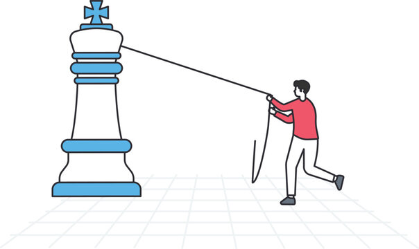 Man pulling giant chess king business strategy overcoming challenge leadership goal powerful move strategic planning achieving success hard work ambitious effort competitive advantage