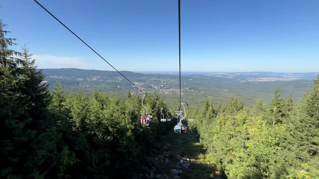 View from Szrenica mountain chairlift of cable cars moving in opposite directions above Sudetes landscape. Concept of mountain tourism, transportation infrastructure, scenic travel, outdoor adventure