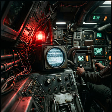 Sci fi spaceship cockpit interior with old monitor and flashing red light