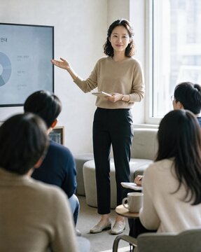 Generative AI, Asian businesswoman leading a presentation to a small team