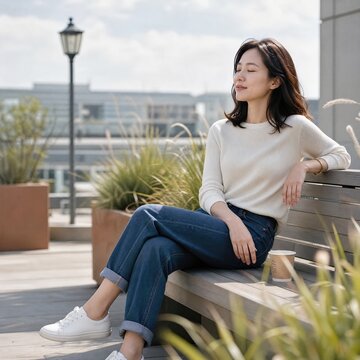 Generative AI, Asian woman relaxing peacefully with eyes closed on a rooftop bench