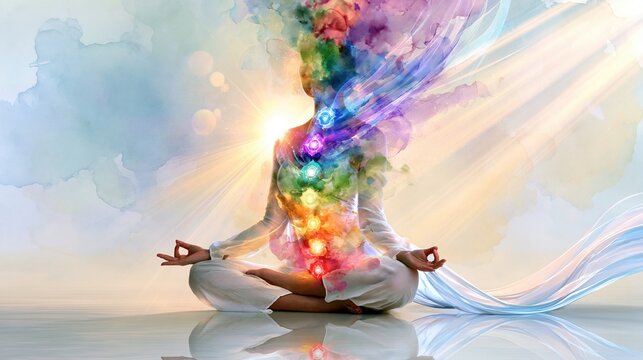 Balance Awareness Week: watercolor illustration of a meditating figure in lotus pose with balanced chakra energy points glowing along the spine