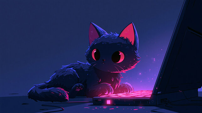 Poster illustration of a cute little cat using a computer, featuring a modern and playful digital art style optimized for high search visibility.
