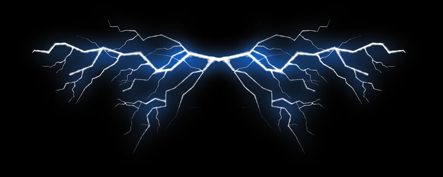 Symmetrical Electric Lightning Burst with Radiating Branches on Black Background