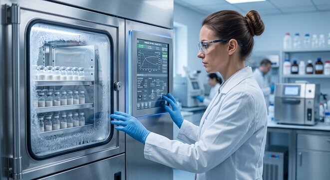 Scientist Monitoring Freeze Drying Process for Therapeutic Nanoparticles