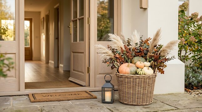 Autumn porch decor with pumpkins and pampas grass in a wicker basket at a house entrance