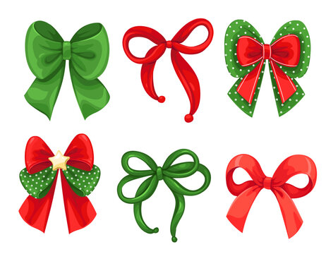 Festive Christmas red and green bows in various different shapes for decorating your designs and gifts