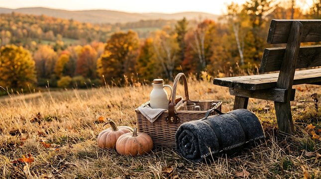 Autumn picnic setup with pumpkins and basket on a hill at sunset