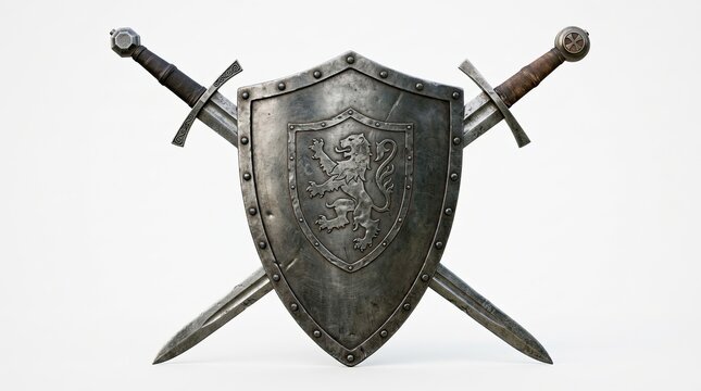 A formidable display of medieval weaponry a shield crossed by two swords evoking a sense of ancient battles and protection