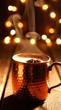 Hammered copper mug filled with steaming hot spiced masala chai tea topped with light cream and star anise set against cozy bokeh lights realistic AI vertical video close up shot.