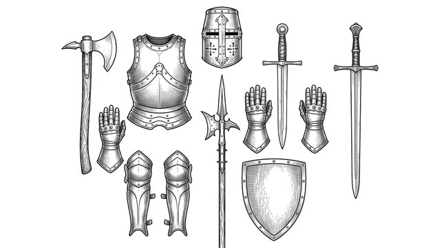A detailed collection of medieval warfare equipment including swords shields armor and helmets depicted in a vintage illustration style