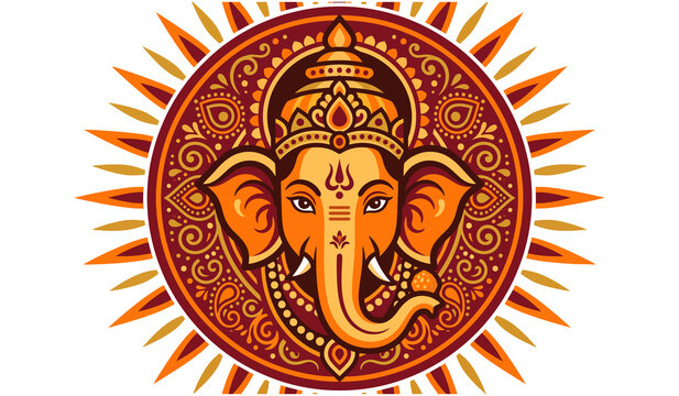 Illustration of lord ganesha dancing, a hindu deity with an elephant head, holding an axe, a noose, and a modak sweet, vibrant traditional festive art style isolated on transparent background