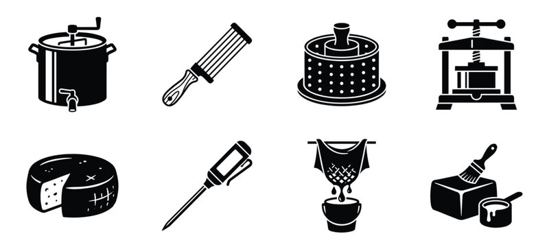cheese making tools black silhouette vector illustration, dairy production equipment.