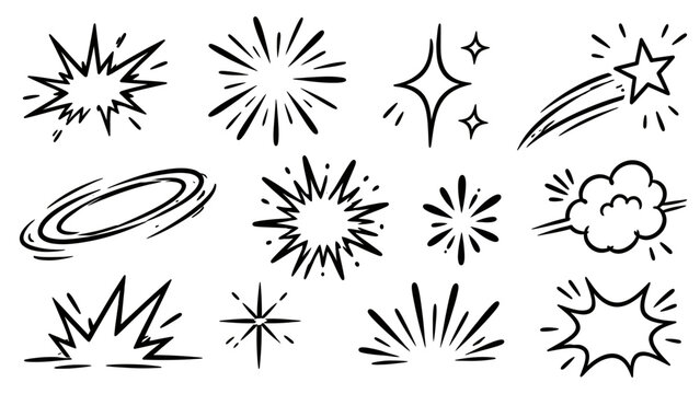 Hand Drawn Comic Explosion and Sparkle Burst Set, Flash Blast Star and Smoke Doodle Elements, Vector Illustration