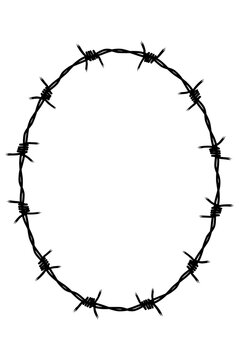 This image shows a black-and-white, oval-shaped frame made of barbed wire, with an empty space in the center.