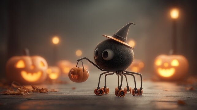 A cute fluffy roller-skating monster in a witch's hat holds a pumpkin-shaped bucket, illuminated by the soft glow of lanterns and pumpkin lanterns on a Halloween background.