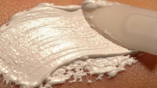 White cosmetic cream being spread on skin with a small plastic spatula in a close up studio shot showing texture and application for beauty skincare products