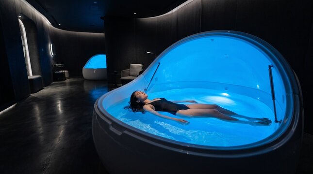 Woman floating in a sensory deprivation tank with blue light.
