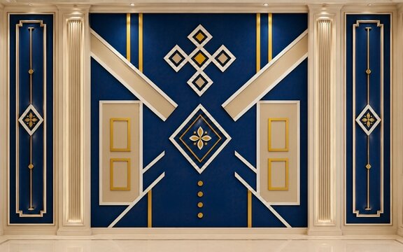 Royal Blue and Gold Geometric 3D Wall Panel