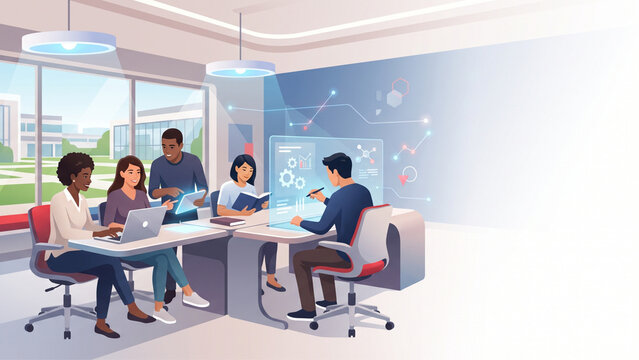 Diverse Professional Team Collaborating in a Modern High-Tech Office Environment with Digital Data Visualization Interfaces