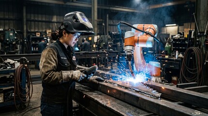Fototapeta premium Woman wearing protective gear welding metal in a factory workshop.