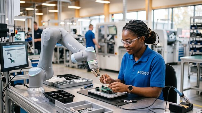 Woman working with robotic arm in modern manufacturing facility.