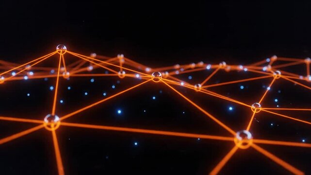 Glowing orange digital network connection nodes on black background