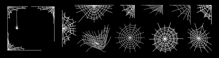 Halloween corner border set, white round cobwebs on black, creepy corner webs, hanging spider on a thread, spooky corner border frames and scary web trap © MissKrakatay