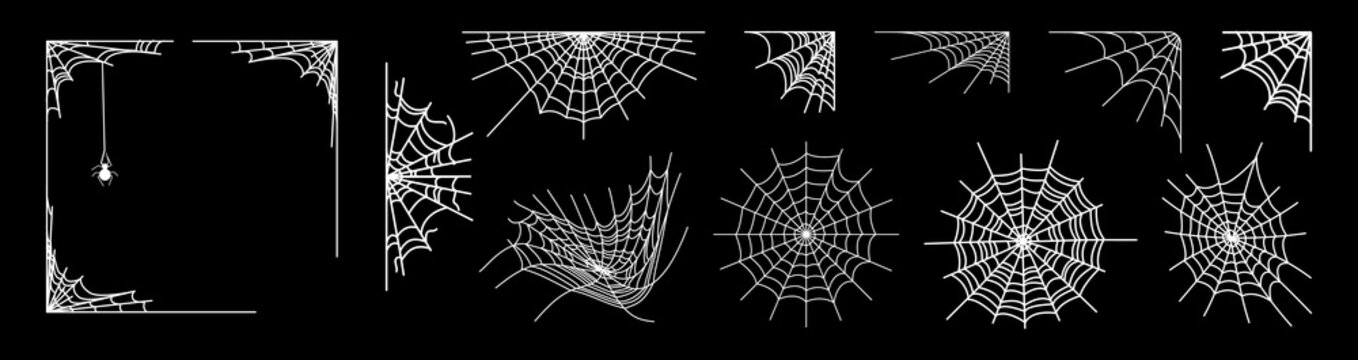 Halloween corner border set, white round cobwebs on black, creepy corner webs, hanging spider on a thread, spooky corner border frames and scary web trap