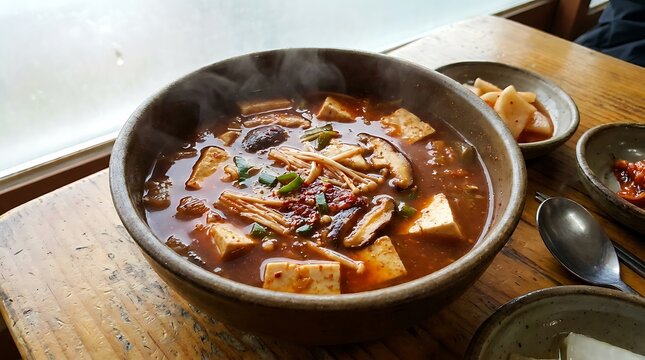 A steaming hot bowl of spicy tofu and mushroom soup served on a rustic wooden restaurant table. Gochujang cooking guide