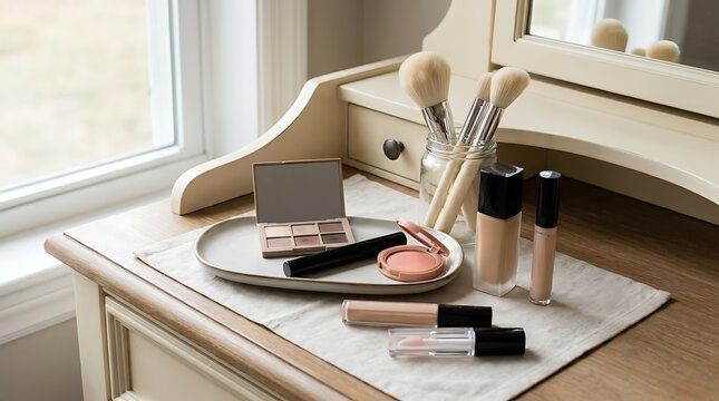 Makeup products on a vanity table with cosmetic brushes and eyeshadow palette in a bright room. beginner makeup tips