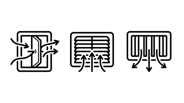 Ventilation and airflow vector line icon set showing open window louvered vent and ceiling duct outlet for HVAC and climate control systems