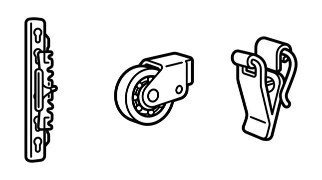 Hardware mechanism vector line icon set featuring mounting rail caster wheel roller and metal clip clamp