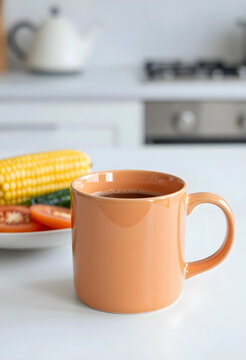 Morning routine and healthy breakfast, orange ceramic mug with coffee on kitchen counter with fresh vegetables and corn in background for home lifestyle