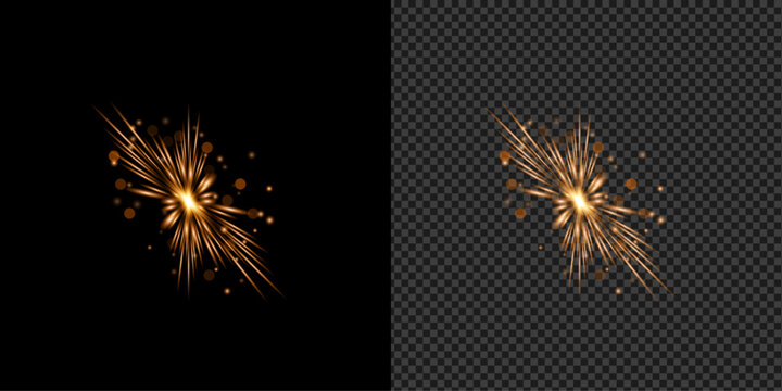 Bright glowing golden sparks from welding or grinding isolated on transparent background
