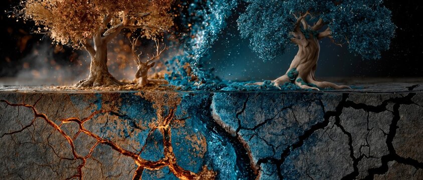 A surreal digital art piece showing a split landscape with warm autumn trees and a deer on the left contrasting with cool blue.