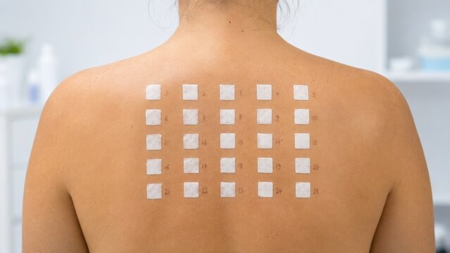 Allergy test on bare back with adhesive patches arranged in grid pattern for skin reaction diagnosis