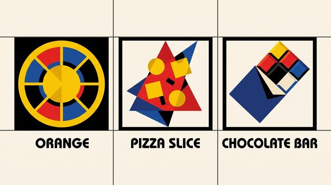 Abstract geometric Bauhaus food art set sliced orange pizza slice and chocolate bar illustrations