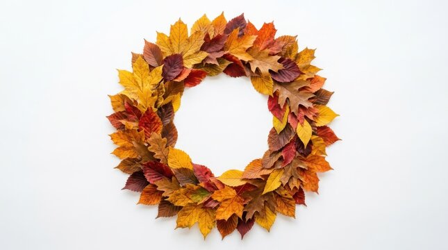 Autumn wreath made of colorful fall leaves isolated on white background